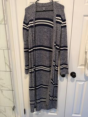 aerie Navy and White Marled Knit Duster Cardigan
